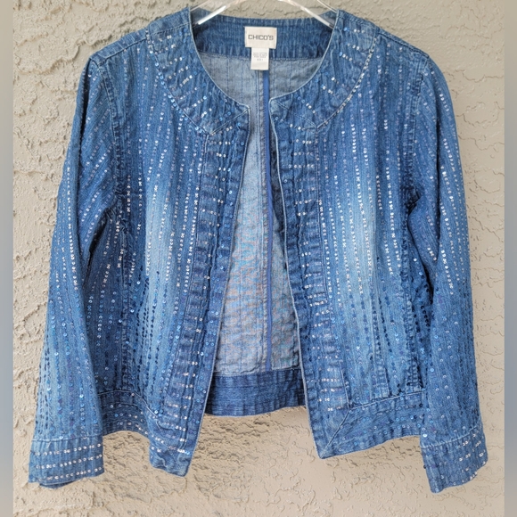 Chico's 100%cotton all sequins open front blue jean jacket size 1 Medium - Picture 7 of 16